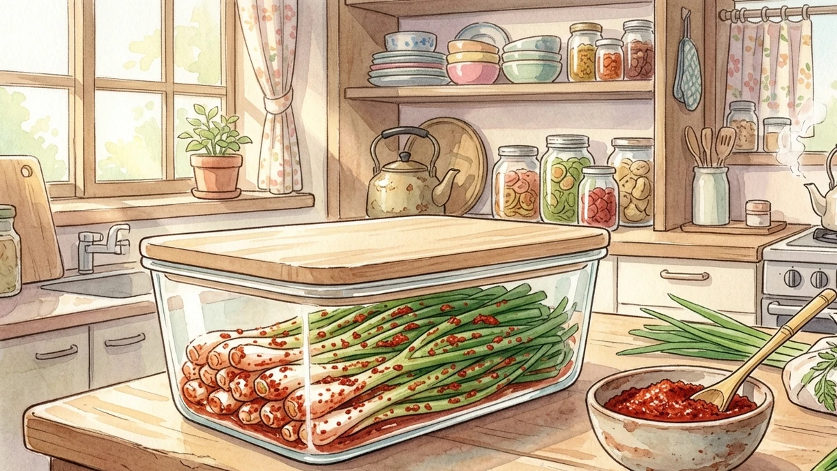 유리 용기에 담긴 대파김치와 양념 그릇, 대파 몇 줄기