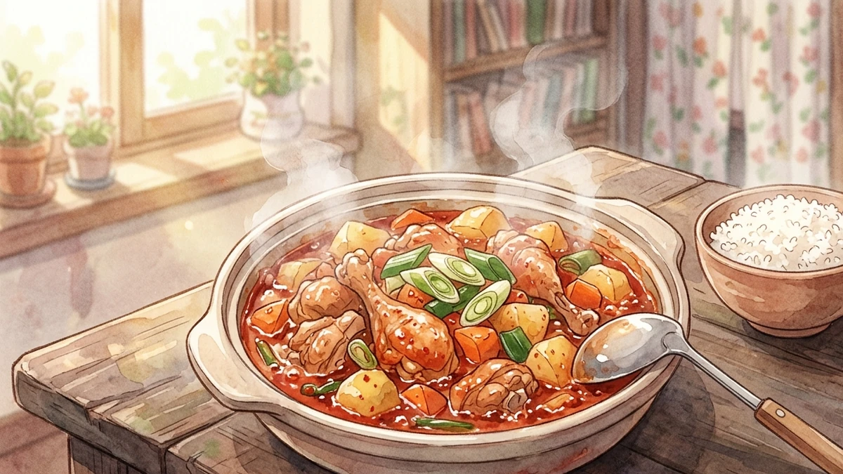 나무 식탁 위 붉은 양념의 닭볶음탕 냄비와 밥 한 공기
