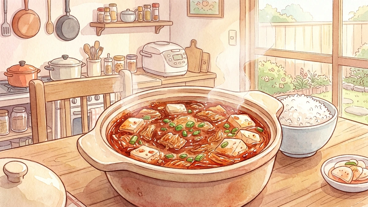 두부와 대파를 넣고 끓인 김치찌개 뚝배기와 옆에 놓인 밥 한 공기