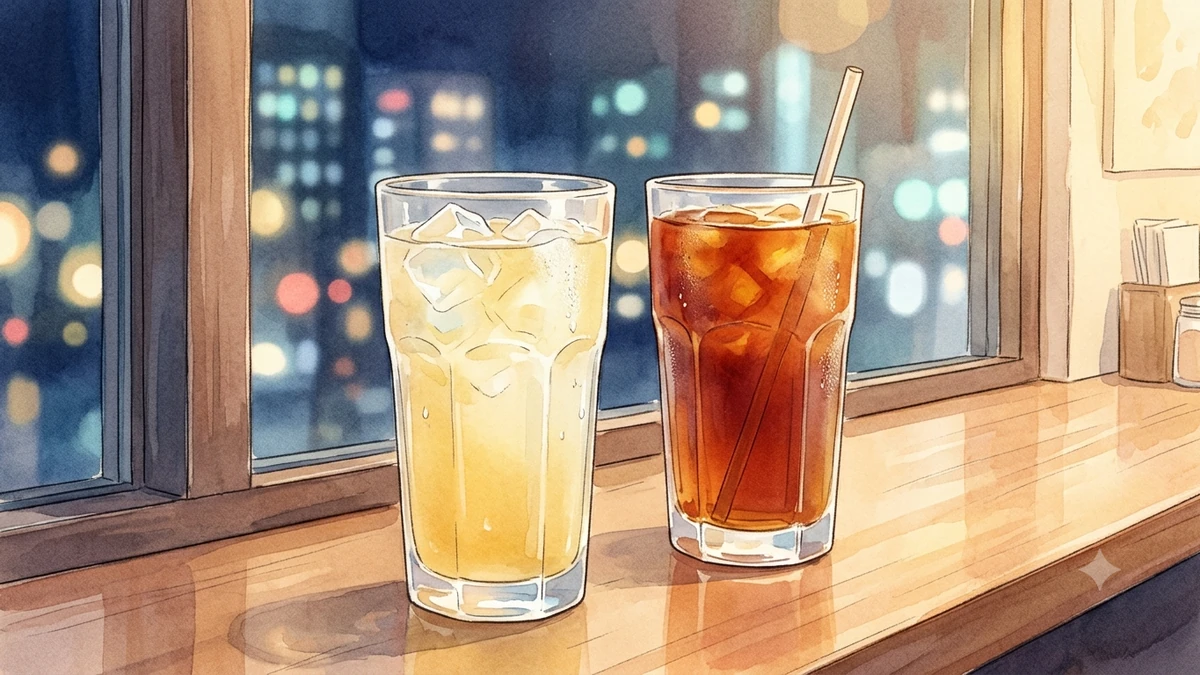 밤 창가 카운터에 놓인 얼음 든 음료 두 잔