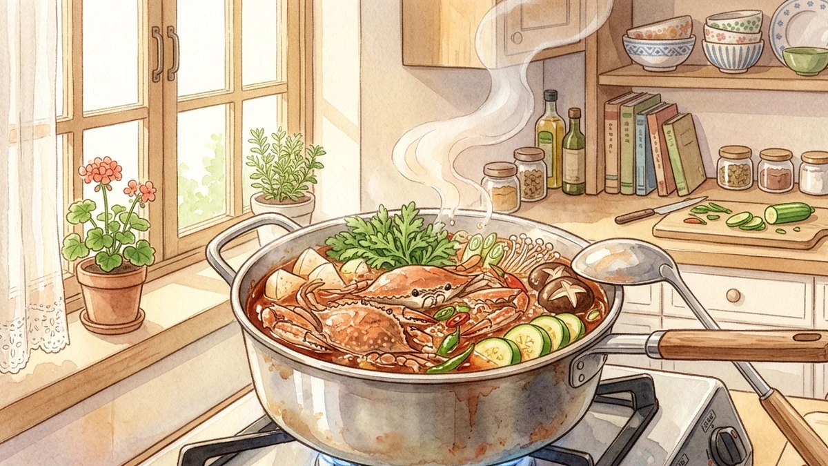 작은 가스레인지 위에서 무와 애호박, 대파를 넣은 빨간 꽃게탕이 보글보글 끓고 있는 수채화 그림