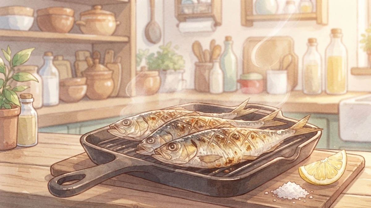 작은 그릴 팬 위에 칼집이 노릇하게 벌어진 전어 여러 마리와 굵은소금, 레몬 조각을 그린 수채화